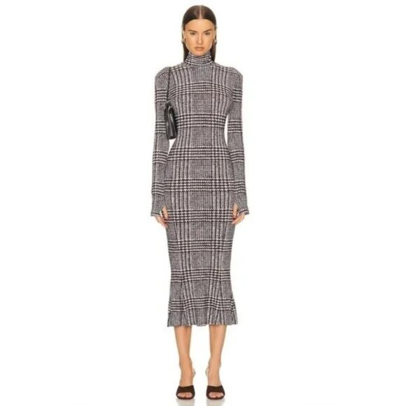 Norma Kamali Long Sleeve Turtleneck Fishtail Dress Chocolate Plaid Tweed SZ S - Picture 1 of 9